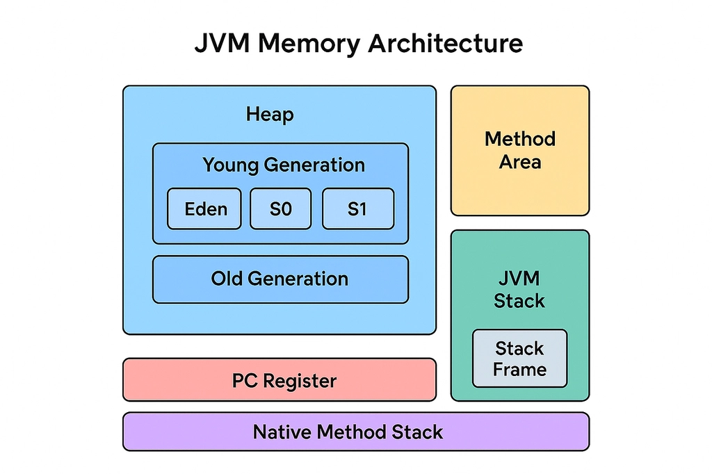 JVM의 힙, 메서드 영역, 스택, PC 레지스터, 네이티브 메서드 스택 구성